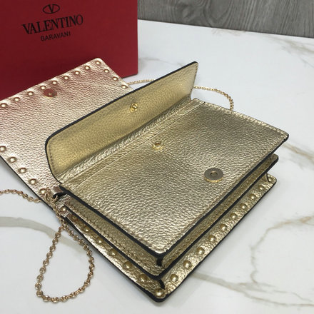2018 Cheap Valentino Elk Print Calfskin Rockstud Pouch With Chain Bag Light gold